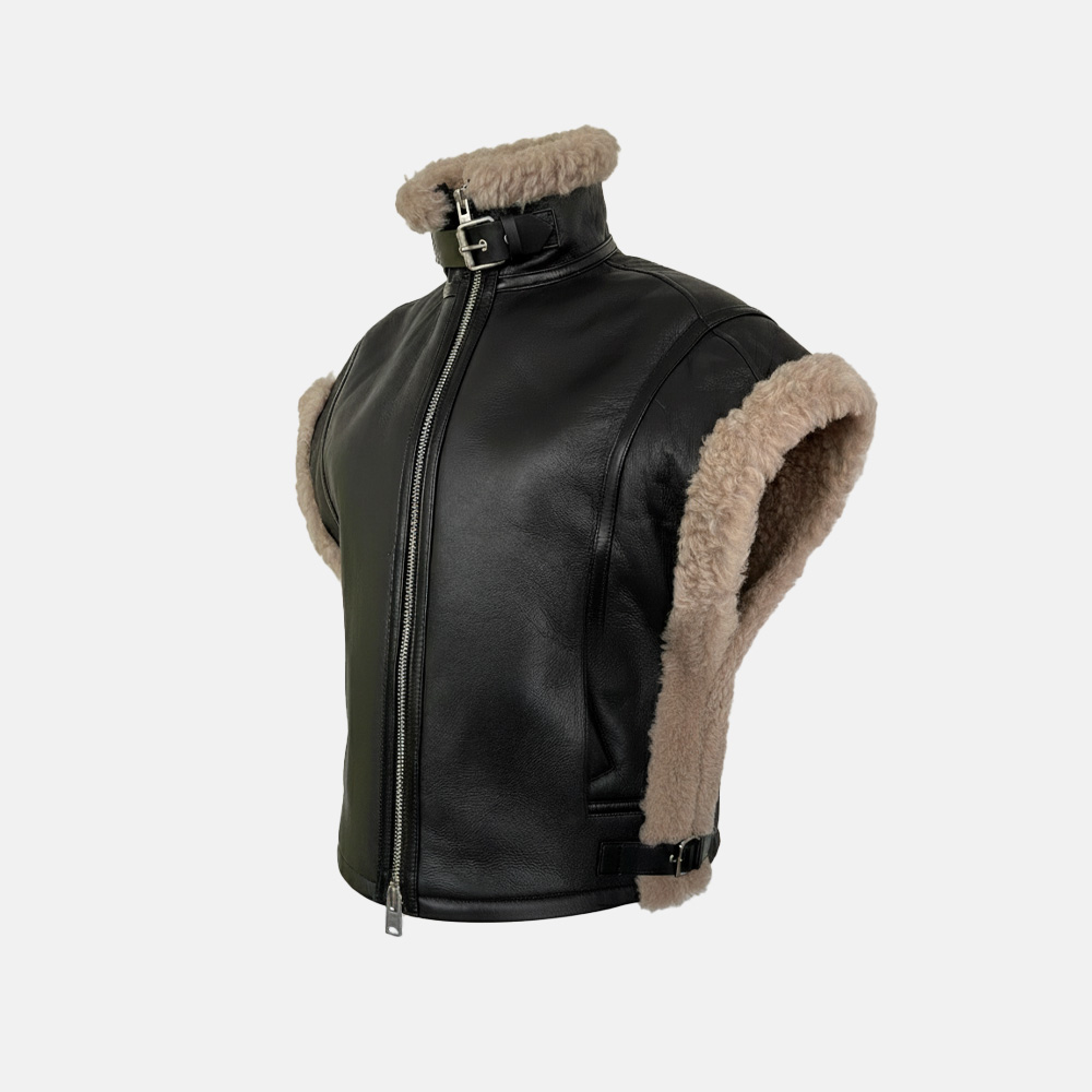 Super Flea Market+AllSaints+Black leather vest with fur collar+Brand archive 2